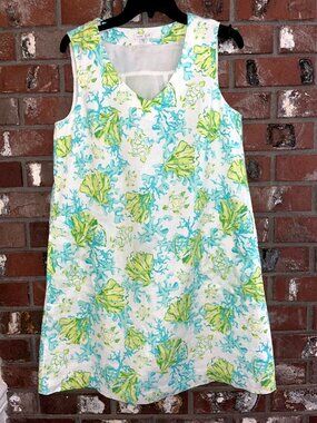 J. Jill Love Linen Blue Green Sea Print Sleeveless Shift Dress Pockets Small P